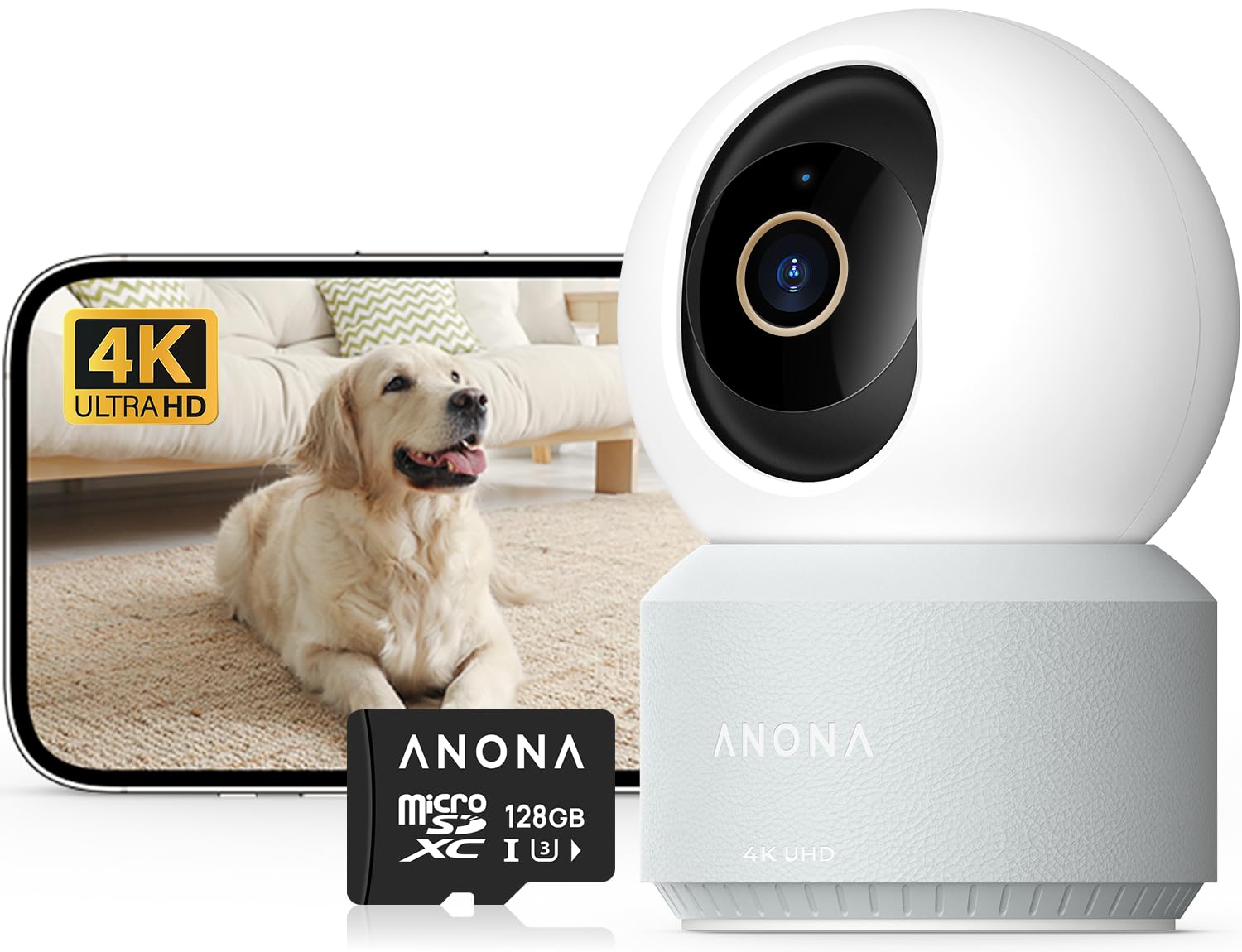 Anona 4K(8MP) Caméra Surveillance WiFi Intérieur avec Carte SD 128 Go, 360° Suivi Auto, Sécurité Bébé/Chien/Animaux avec App, WiFi 6 Bi-Bande 2,4/5GHz, Détection IA Humaine, Mode Privé, Audio 2-Voies