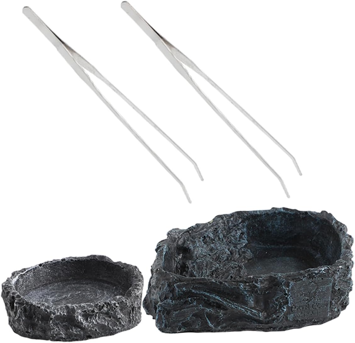 Milisten Reptile Food Dish and Water Bowl Set with 27cm Curved Tongs, Small Grey Feeding Bowl and Large Food Dish for Bearded Dragon, Snake, and Chameleon Terrarium Use