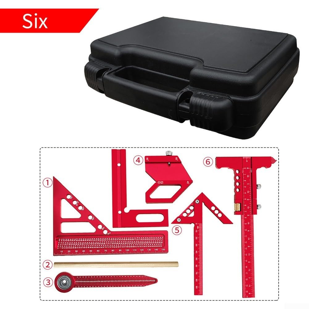 Kit de medición y diseño de carpintería de aleación de aluminio para carpinteros con reglas, calibradores, bloques de marcado y herramientas de afilado (6)