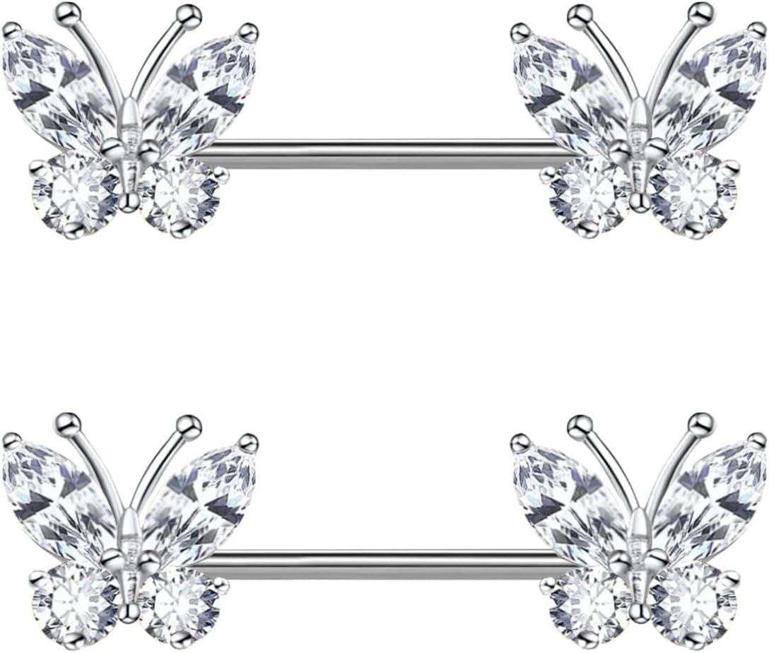 VERAMI 14G Stainless Steel Heart Nipple Rings and Barbell – Butterfly, Starlight Acrylic Ball, Tongue Rings for Women and Men