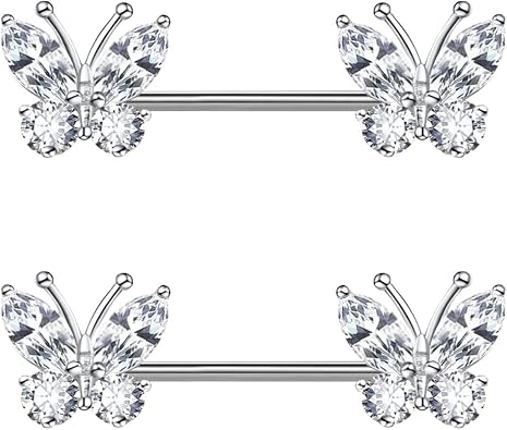 VERAMI 14G Stainless Steel Heart Nipple Rings and Barbell - Butterfly, Starlight Acrylic Ball, Tongue Rings for Women and Men