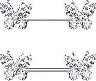 14G Stainless Steel Heart Nipple Rings and Barbell - Butterfly, Starlight Acrylic Ball, Tongue Rings for Women and Men