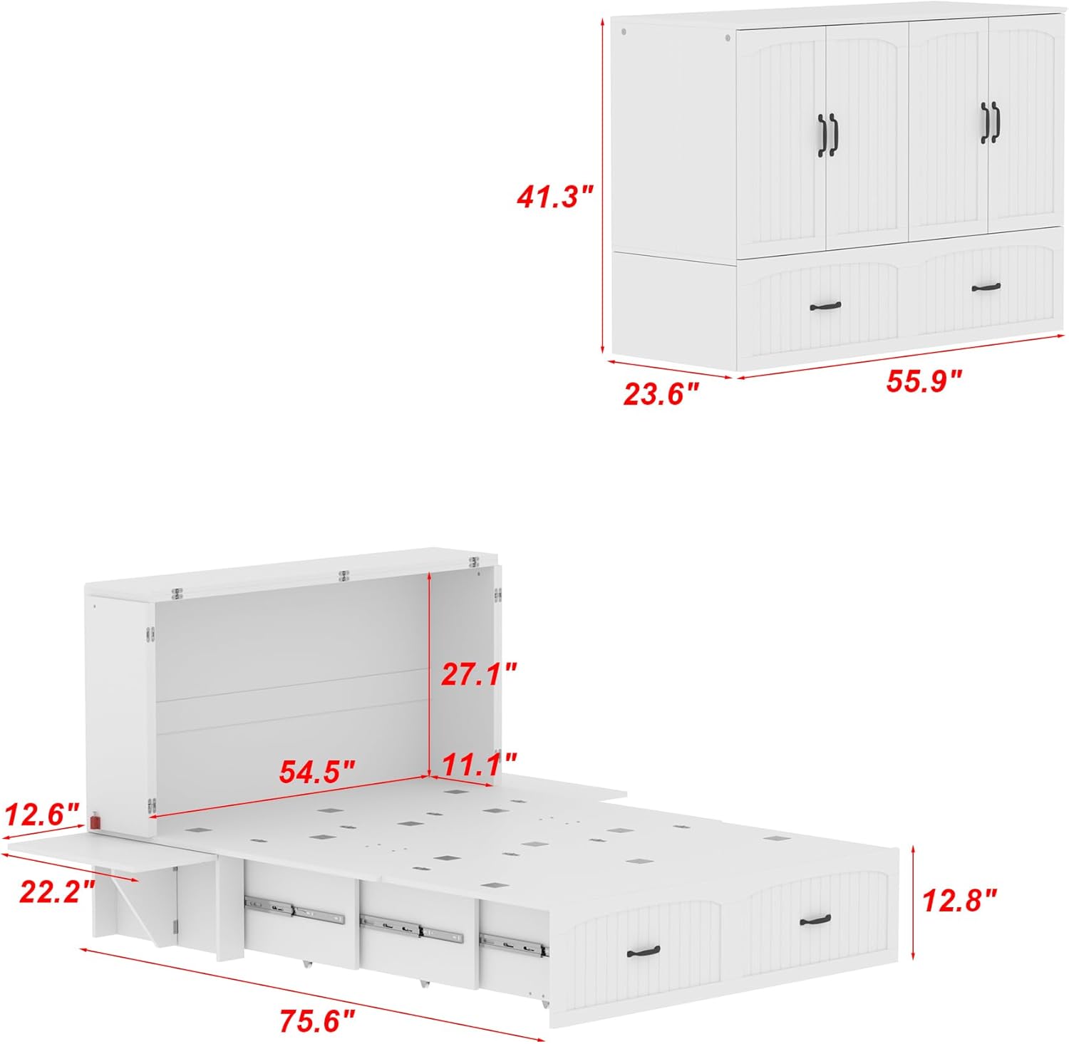 WOODTIME 2-in-1 Full Size Murphy Bed with 2 Built-in Nightstands and Large Drawer, Space-Saving Foldable Cabinet Bed Frame for Bedroom Guest Room, White