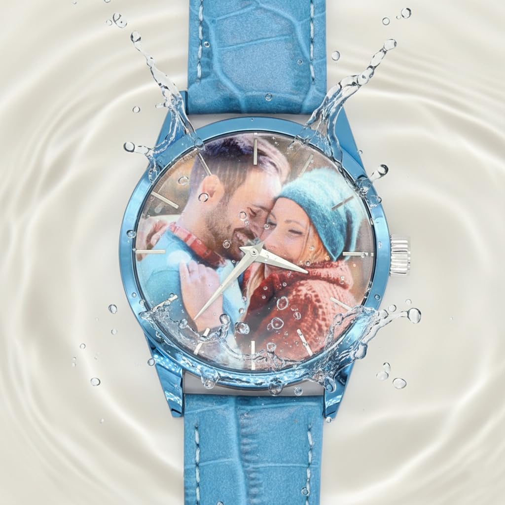 Orologio fotografico personalizzato, il retro del quadrante può essere inciso con parole. Realizzato in lega e cinturino in pelle. Resistente all'acqua. Adatto come regalo per papà, fidanzato o come