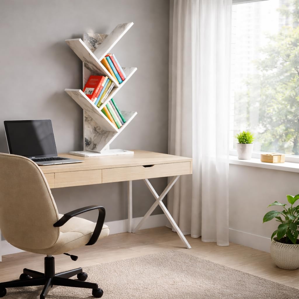 NAFIYA ARTS Modern Wooden Desk Bookshelf | Vertical Book Organizer | Space Saving Book Rack | Office Table Book Stand | Magazine File Holder for Home Office Study Room Living Room (White)