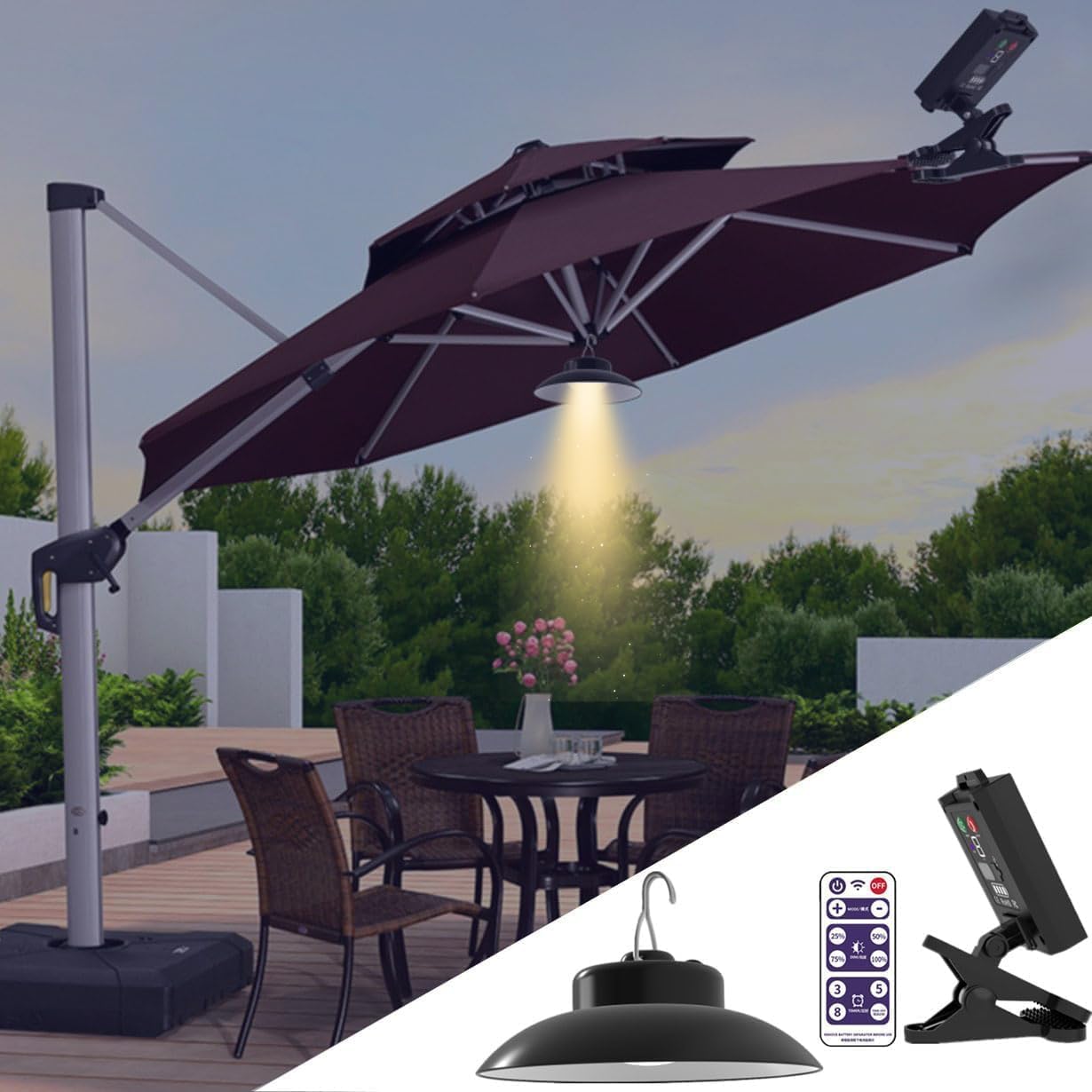 Outdoor Solar Umbrella Lights,Remote Control Solar Powered Lights Patio Umbrella Lights LED Umbrella Patio Lights for Beach Tent Camping Garden Party Black
