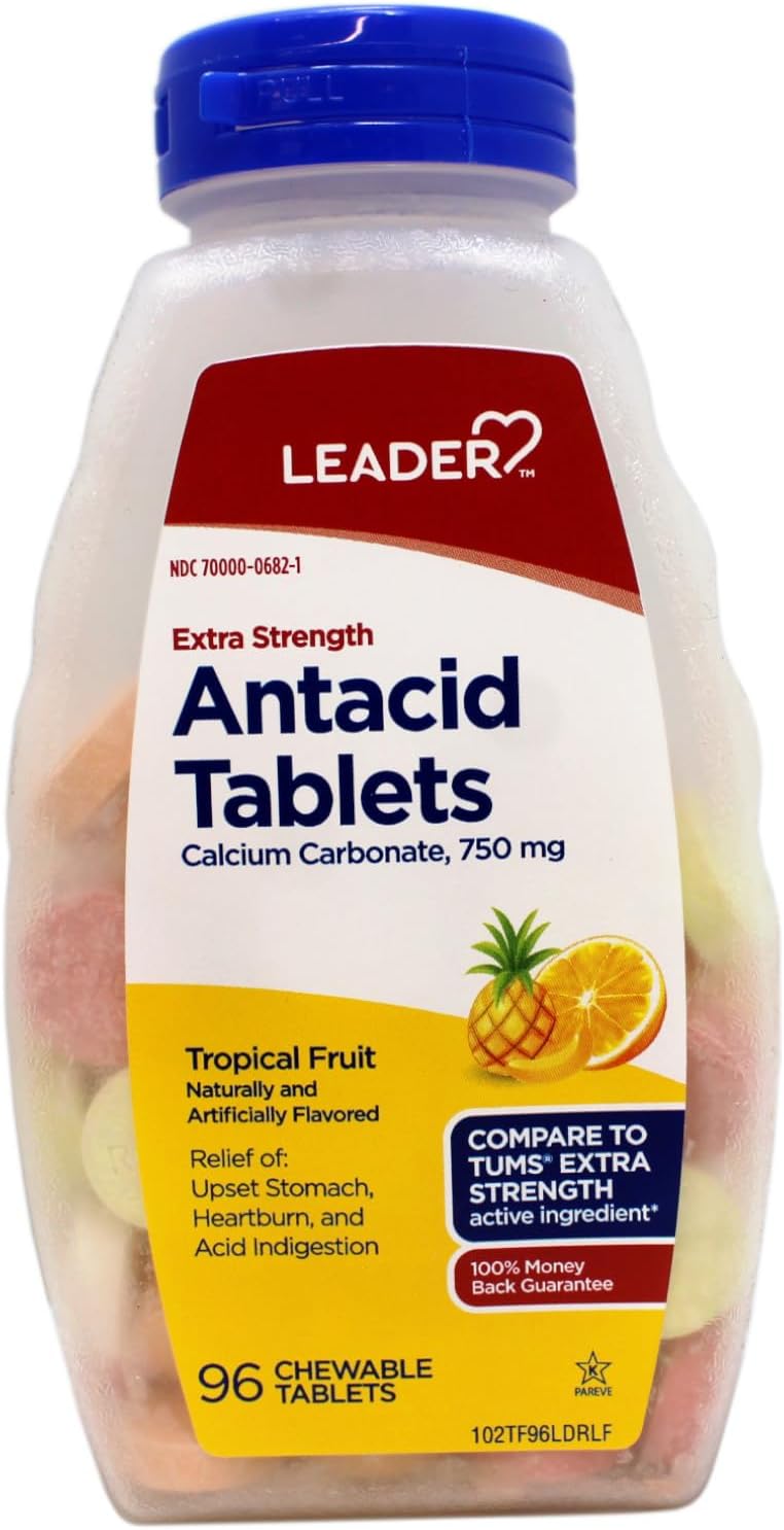 Leader Extra Strength Antacid Chewable Tablets, Fast Relief of Heartburn and Acid Indigestion Reflux, Tropical Fruit, 96 Count
