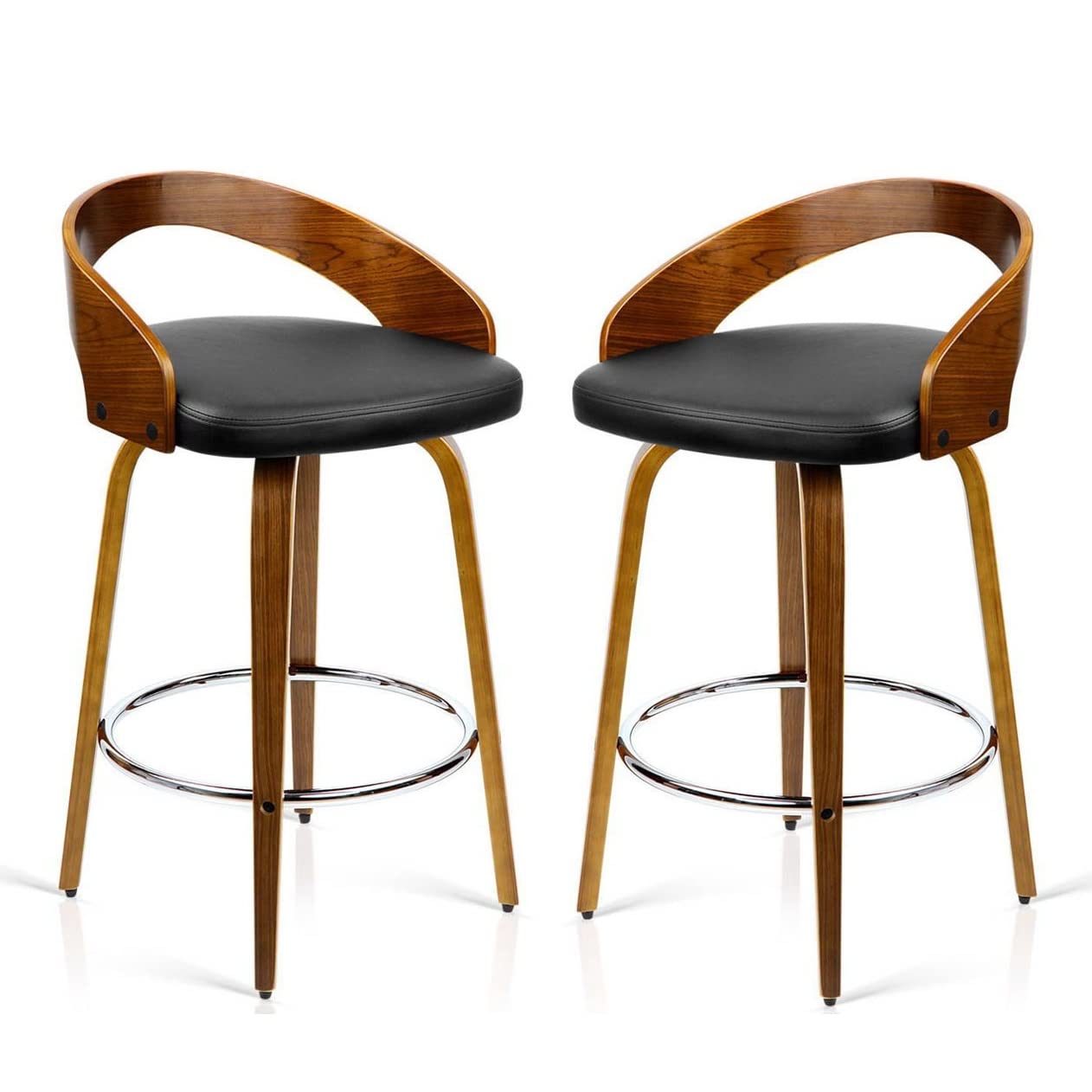 RedOAK® TASSO High Swivel Stool, Set of Two - Classic Style, Black Leatherette, Walnut Finish