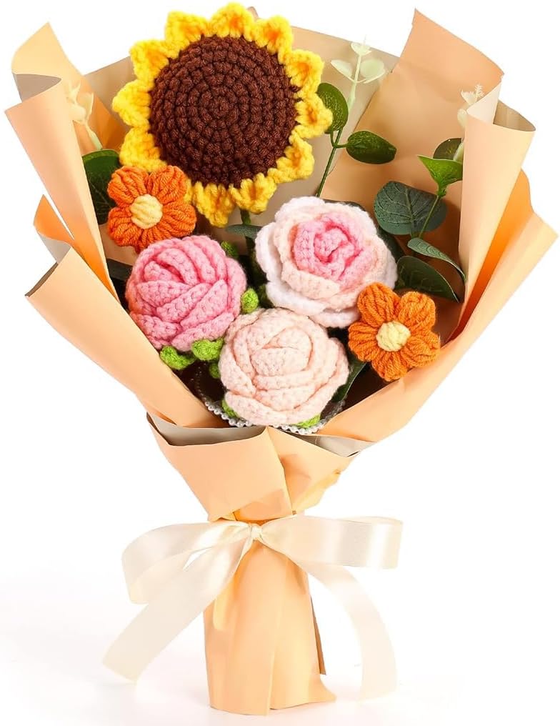 HASTHIPHandmade Crochet Flowers Bouquet | Sunflowers & Roses | Desk Decoration & Gift | Box Packed | Versatile & Easy Maintenance | Ideal for Indian Women, Mother's Day & Birthdays