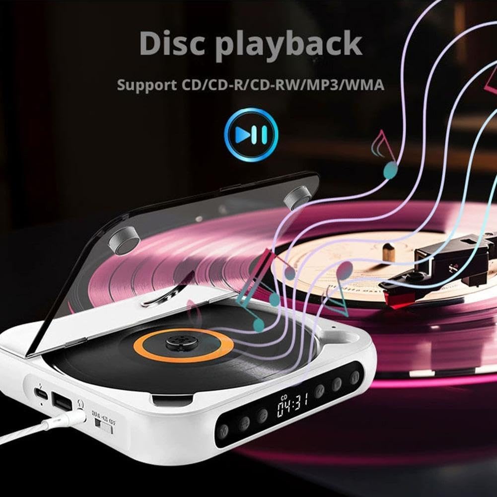 CD player with a disc inserted, showing musical notes emanating from it.