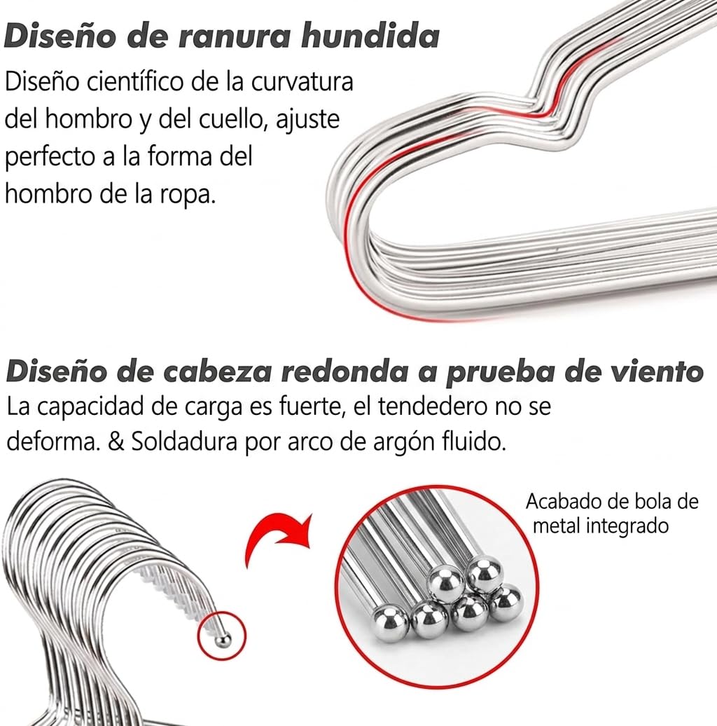 Perchas de Acero Inoxidable 42 cm, Pack de 50 Grosor 4 mm, Perchas de Metal Cromado Antideslizantes, Resistentes y Antioxidantes, Diseño en V Ahorra Espacio para Camisas, Chaquetas y Pantalones
