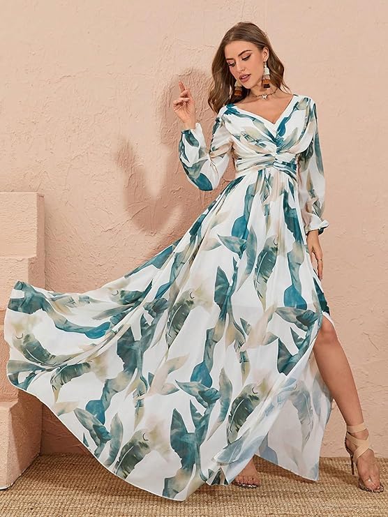 TOLEEN Summer Dresses for Women Long Sleeve Casual Style Beach Swing Chiffon Dresses Green - Image 5