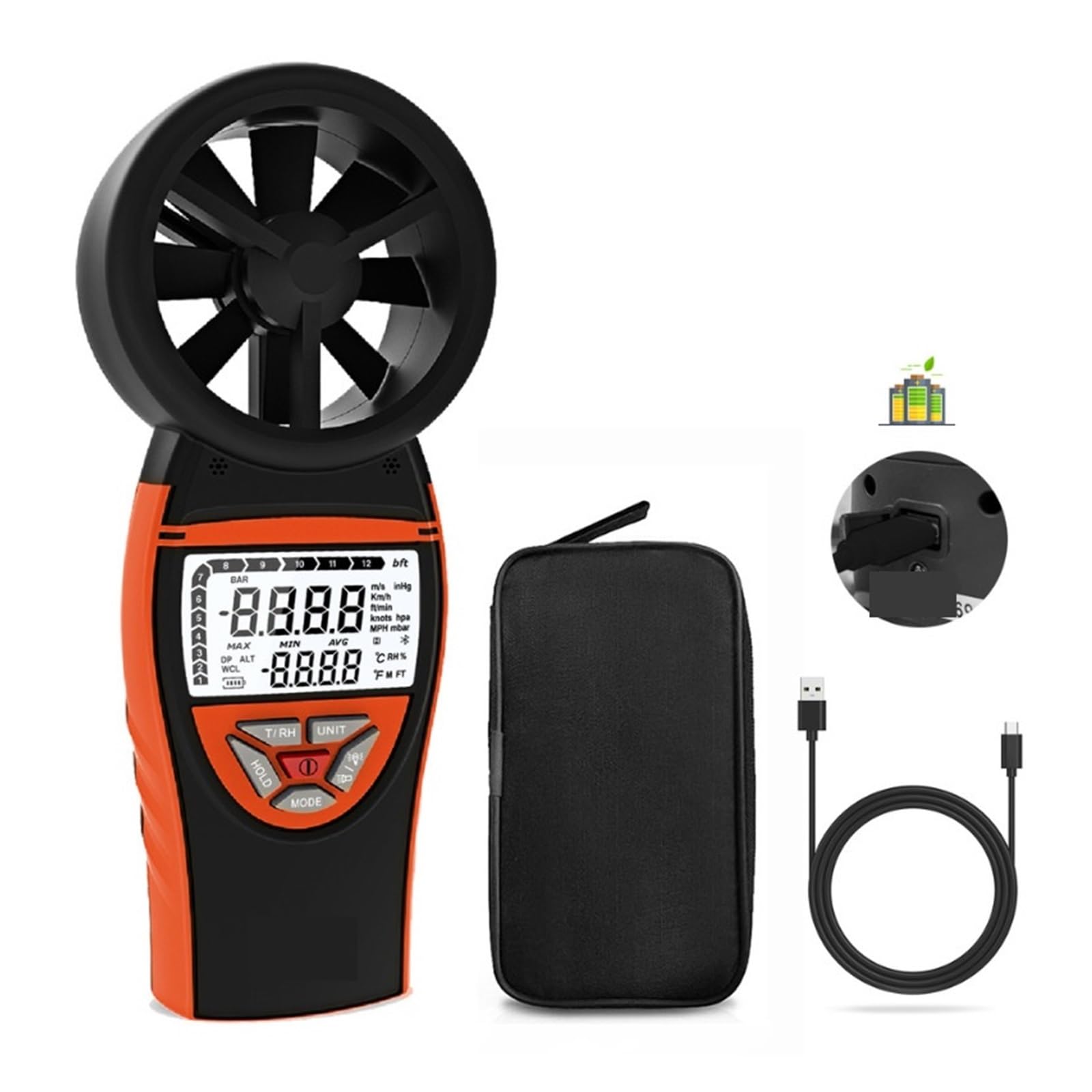 Anemometro portatile for velocità del vento, temperatura, umidità, misuratore di portata d'aria digitale ricaricabile
