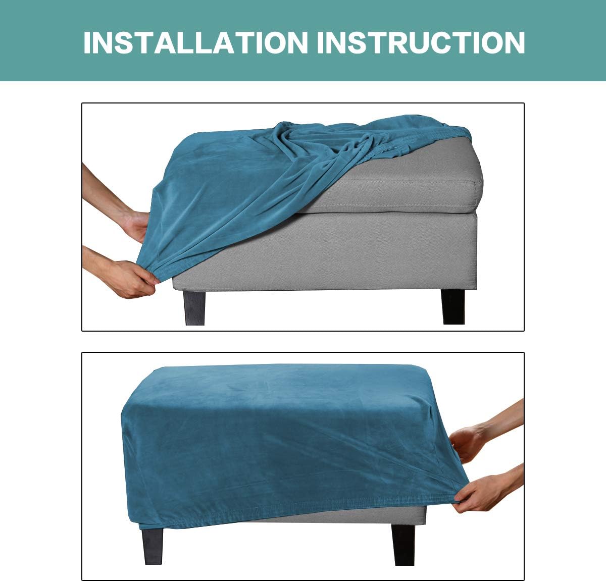 Velvet Plush Ottoman Covers Storage Ottoman Slipcover Rectangle Storage Stool Ottoman Cover Furniture Protector for Living Room Ottoman Slipcovers Removable Footstool Protect (Large, Peacock Blue)