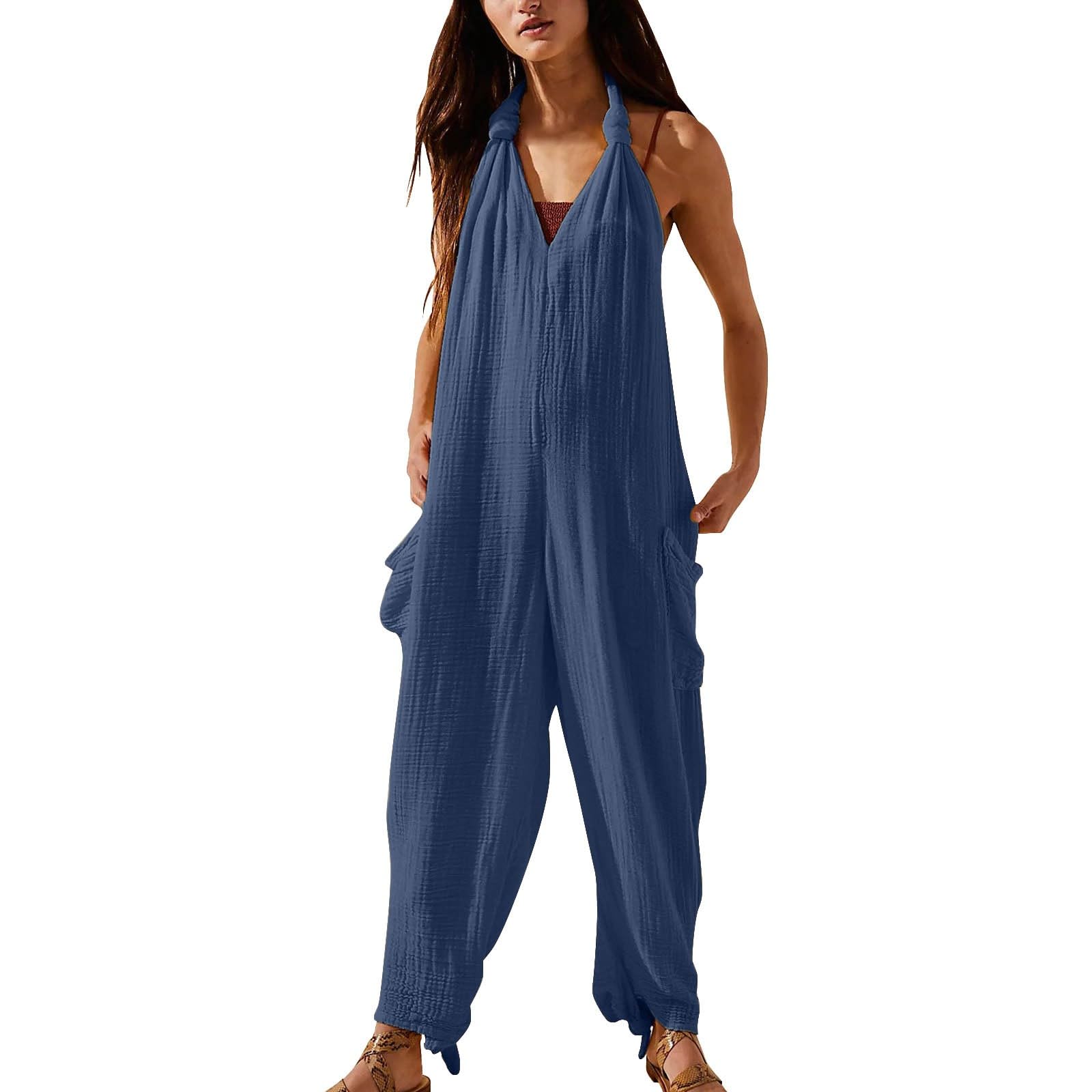 Combinaison pour femme - Sportif - Loisirs - Été - Salopette légère en lin - Pantalon de travail extensible - Avec col en V - Avec poches - Couleur unie - Sans manches - Combinaison d'été