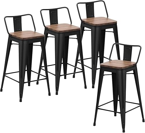 Changjie Furniture - Juego de 4 sillas altas de metal con diseño industrial para barra de cocina o bar con respaldo bajo, Dorado desgastado, 26