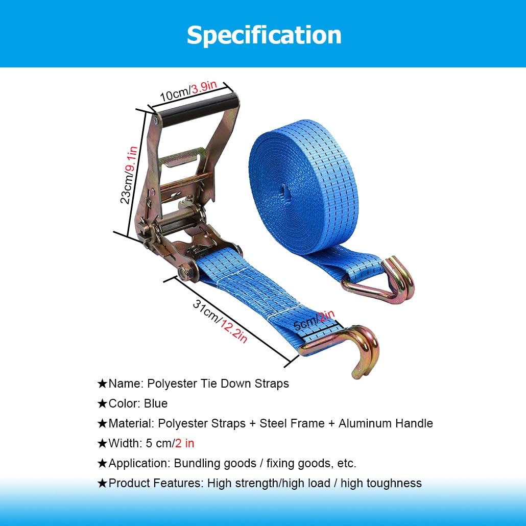 Cinghie di fissaggio resistenti con cricchetto e doppio gancio a J, cinghie a cricchetto per il trasporto di merci su camion, rimorchi, motociclette, kayak(2.0m/6.6Ft)
