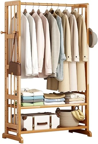 Estante de ropa resistente, estantes de almacenamiento de 2 niveles, estantes de ropa de bambú con barra para colgar, añade espacio en el armario,