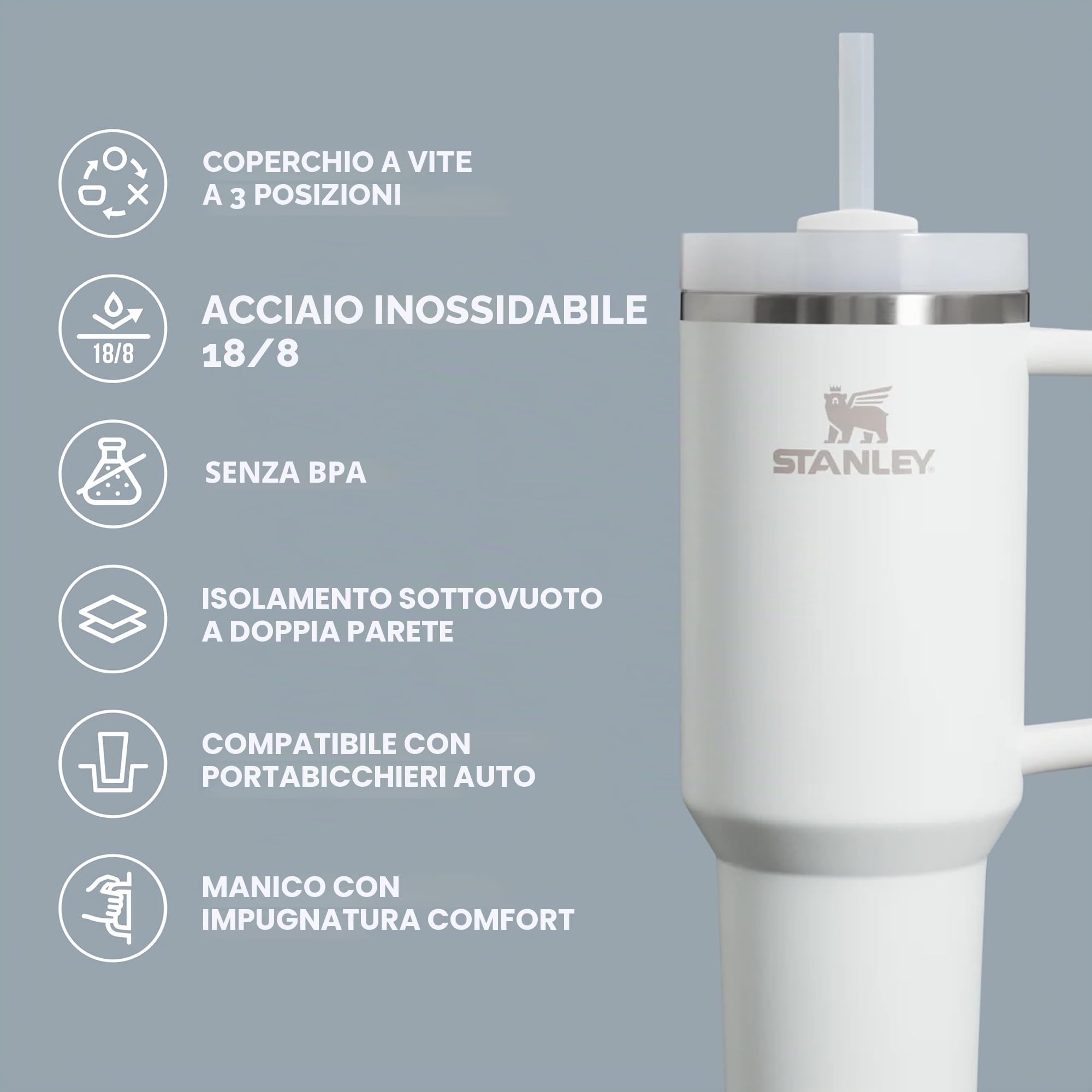 Stanley - Bicchiere termico Quencher H2.0 FlowState, con isolamento sottovuoto, in acciaio INOX, con coperchio e cannuccia, per acqua, tè freddo, caffè, frullati e altro ancora