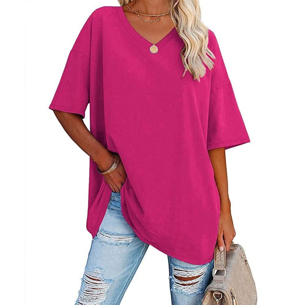 FamulilyWomen's Summer Casual V Neck Half Sleeve T Shirt Ladies Short Sleeve Oversized Baseball Tshirts Tunic Tops
