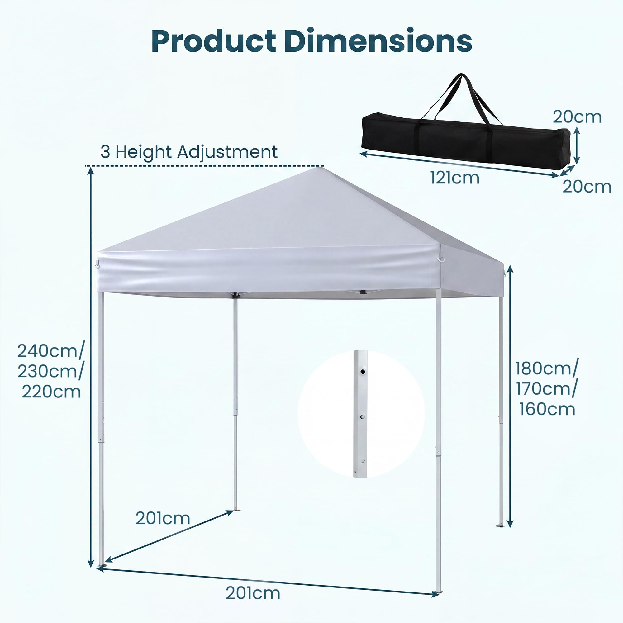 GOPLUS 2x2 M Carpa Plegable con Estructura Reforzada, 8 Estacas y 4 Cuerdas de Viento, Altura Ajustable, Toldo Portátil para Playa, Bolsa de Transporte (Blanco Grisáceo, 200x200x240 cm)