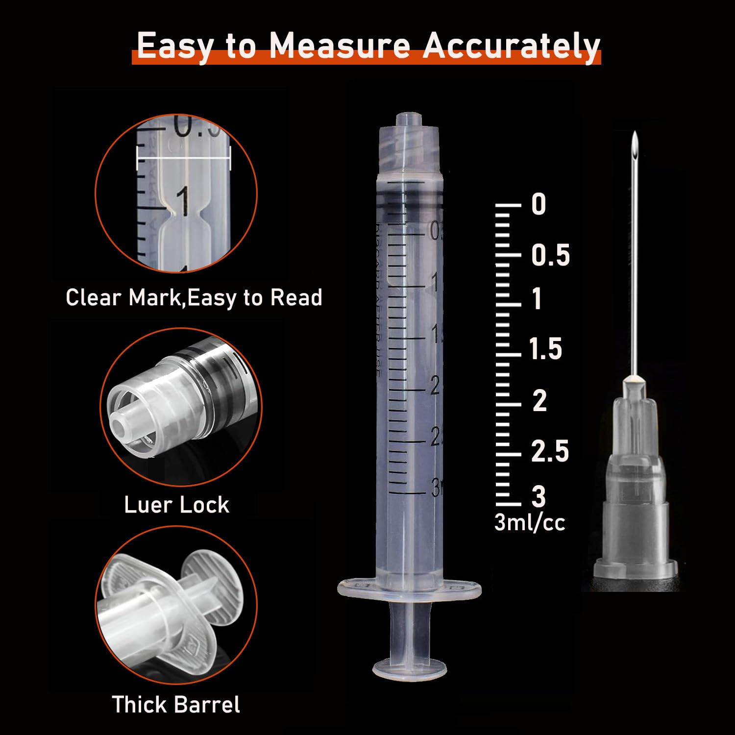 Paquete de 50 jeringas desechables Luer Lock de laboratorio de 3 ml/cc con aguja de 22 Ga de 1.0 pulgadas | Empaquetado individualmente sellado