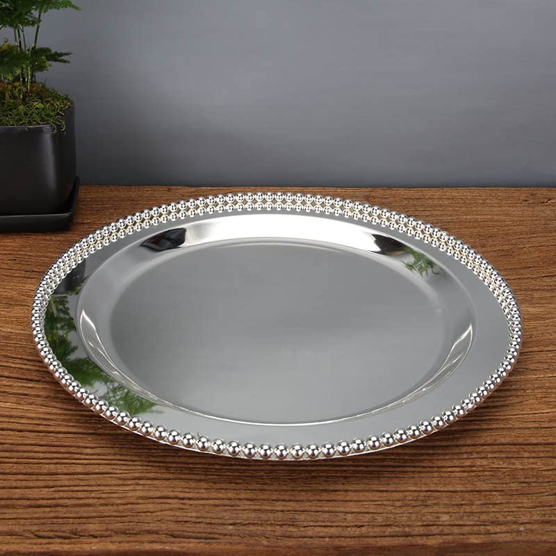 Silver Plated Round Beaded Serving Tray For Dinner Charger Plate (8in)