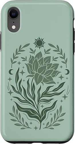 Funda celestial floral bohemia para iPhone XR con diseño de sol y luna creciente y verde