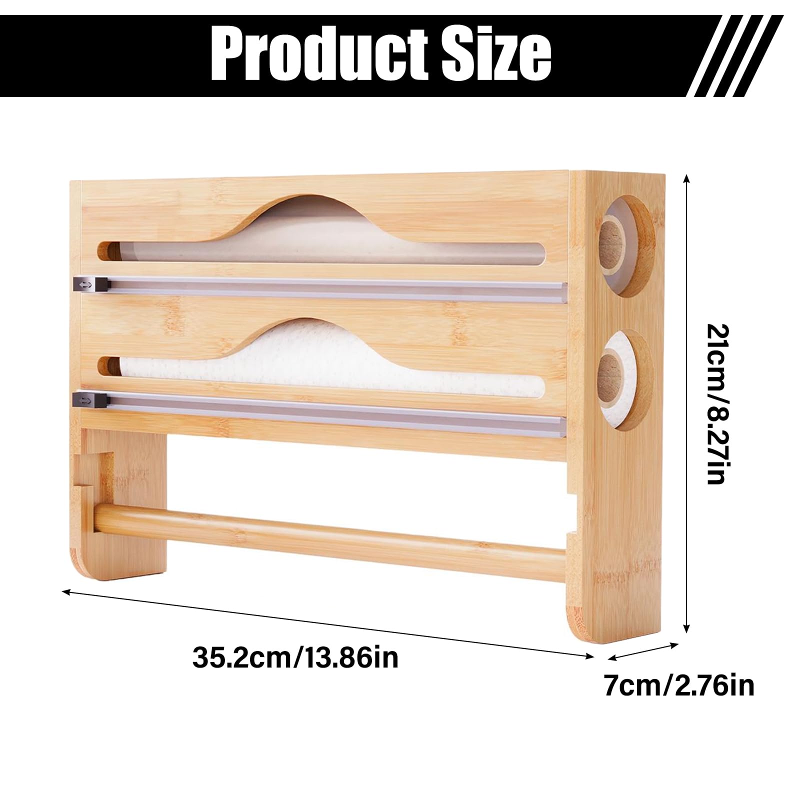 Dispensador de papel de aluminio 3 en 1 de madera con soporte para rollos de cocina, dispensador de papel film transparente de bambú, soporte para rollos de pared, dispensador de láminas adhesivas