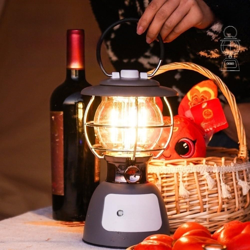 Eawfgtuw Linterna LED de camping con batería de 5200 mAh, luz de tienda regulable para senderismo al aire libre, banco de energía de puerto de carga rápida, lámpara de filamento retro, mango de gancho