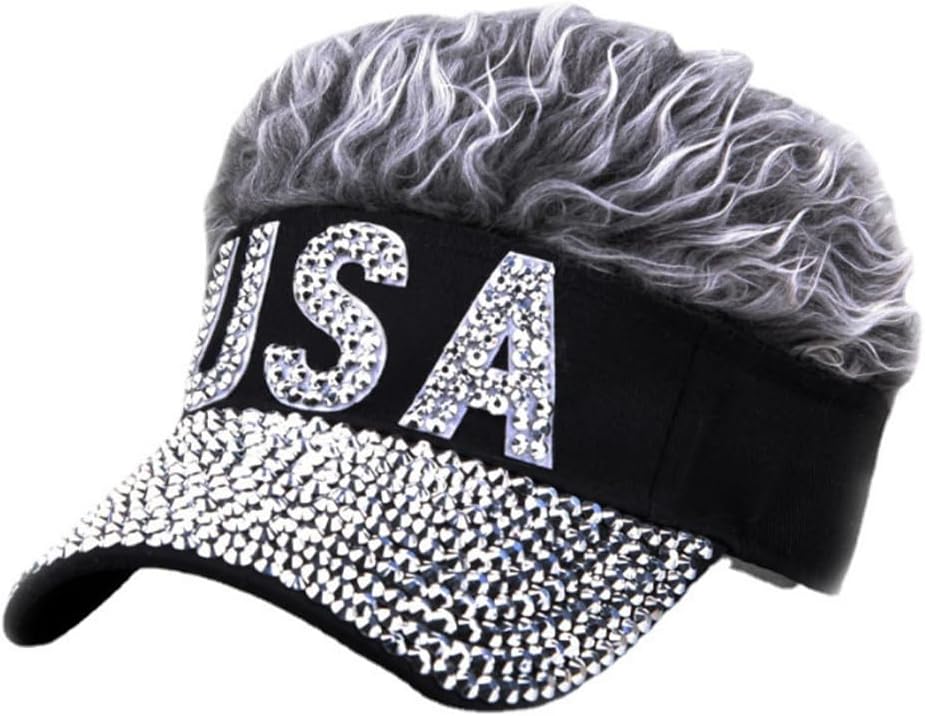 Shiny USA Rhinestones Sun Visor with Hair Fake Hat Funny Spiked Adjustable Summer Novelty Baseball Wig Caps for Women Men