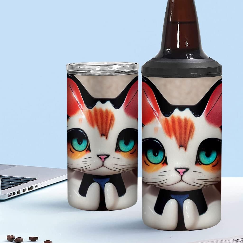 Cartoon Cat Drawing Insulated Slim Can Cooler - Printed Can Cooler - Cute Insulated Slim Can Cooler