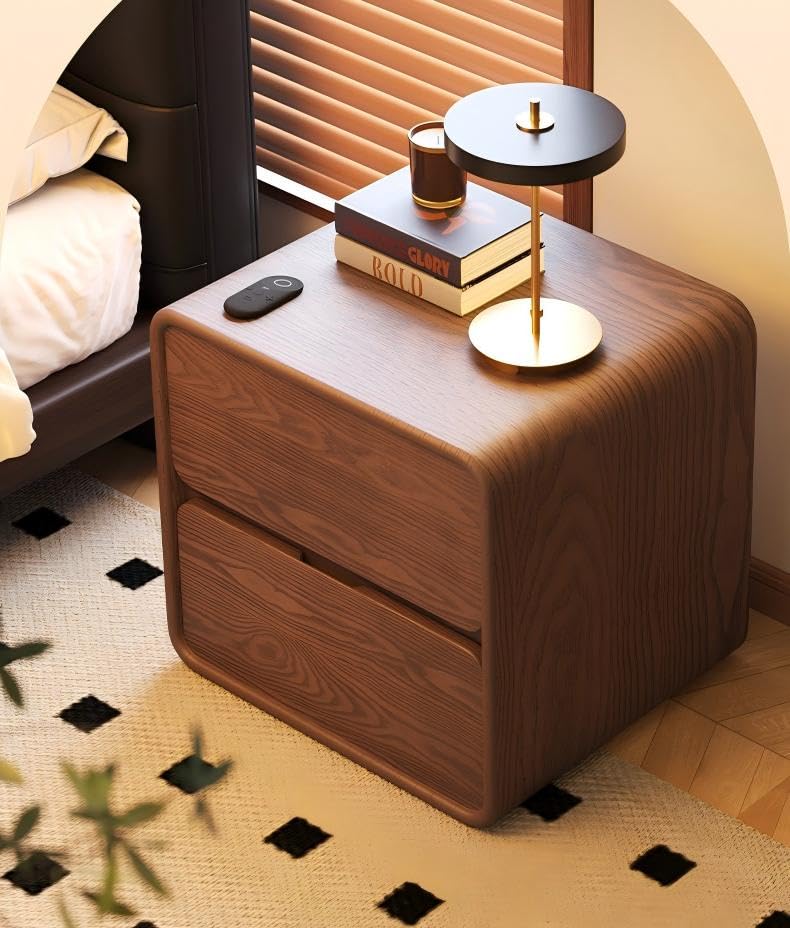 Wood Nightstand,Mid Century Modern Nightstand,Small Night Stand with Drawers,Narrow Bedside Table with Walnut Leather Surface,Wood Bedside Table for Bedroom,Living Room,Dorm(Fully Assembly)