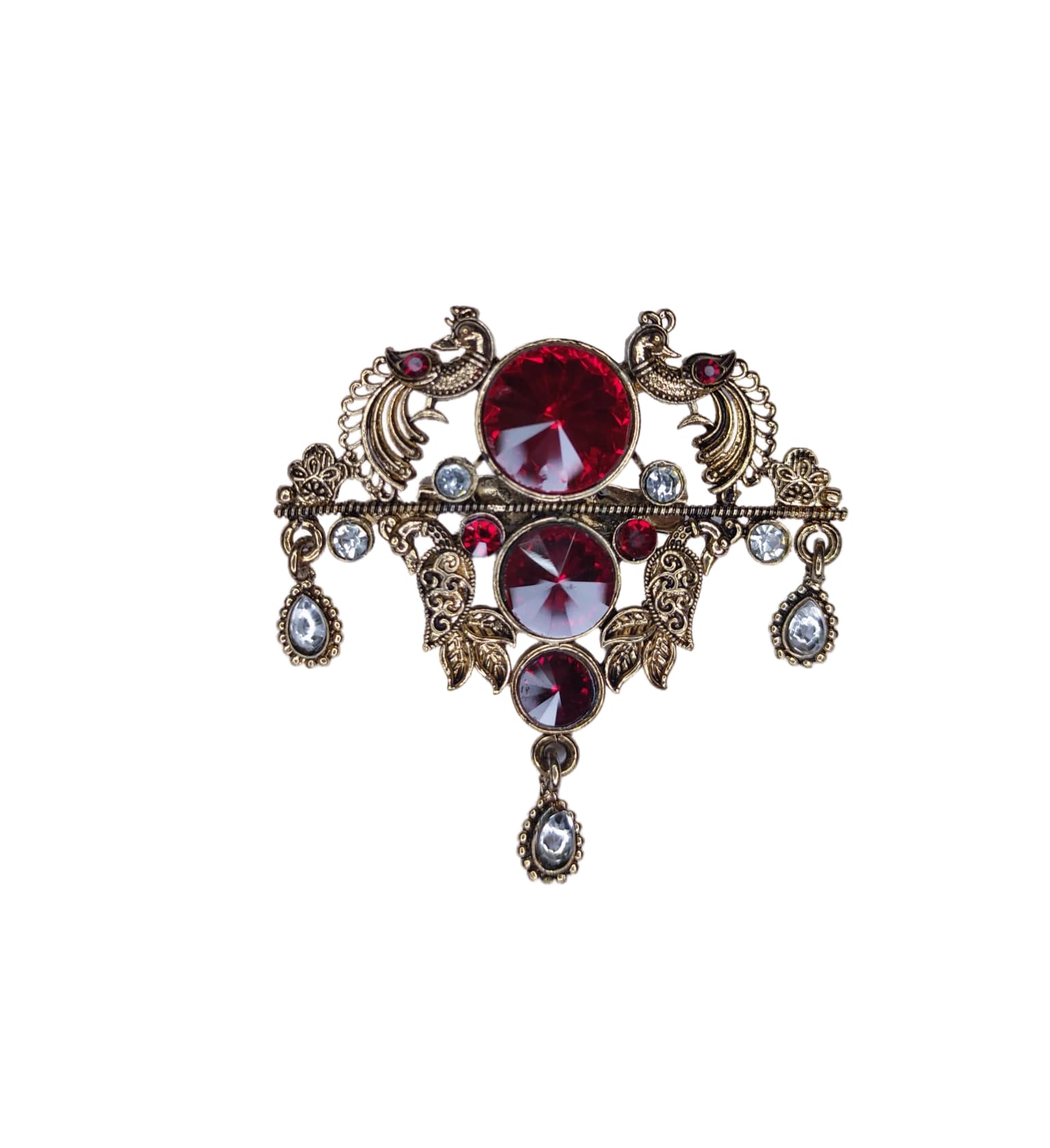 royal hues Mens Antique-Style Brooch Pin -Peacock-like figures flanking a central large red rinestone.-picture-16