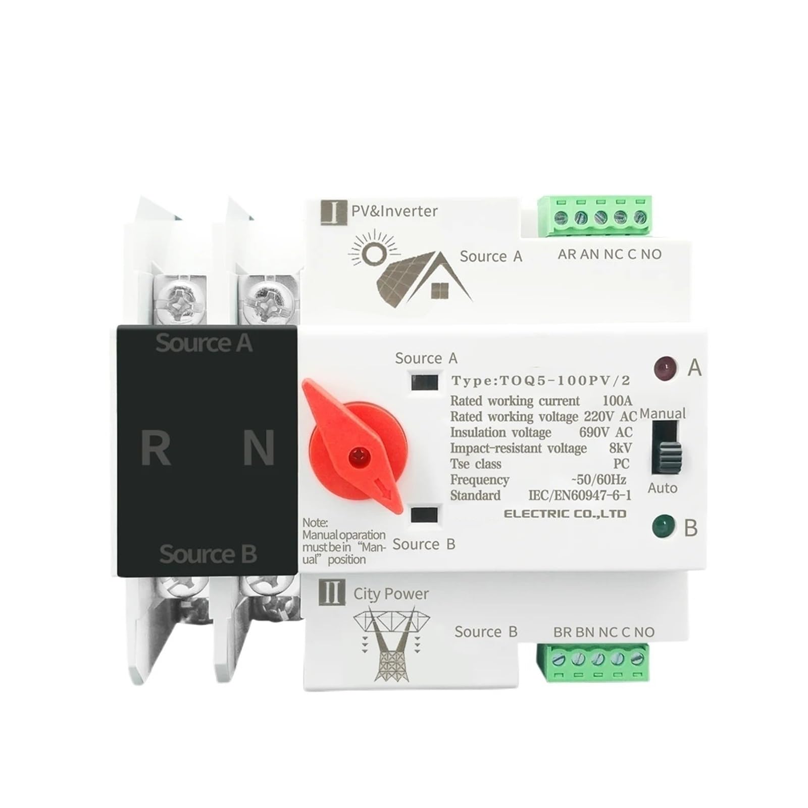 YFHGULBTK Single Phase Din Rail ATS PV and Inverter Dual Power Automatic Transfer Selector Switches Uninterrupted 2P 63A 100A 125A 1Pcs(100A)