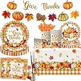 Thanksgiving Party Supplies,142pcs Fall Theme Tableware Set Include Give Thanks Plates Cups Napkins Plastic Tablecloth for Autumn Harvest Thanksgiving Party Supplies