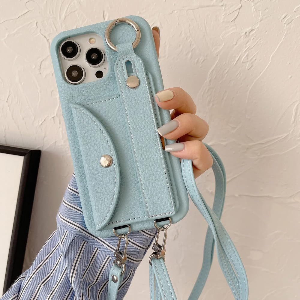 Pasek na nadgarstek, smycz na ramię, etui na iPhone'a 13 12 Mini 16 15 14 11 Pro XS Max X XR 7 8 Plus, etui na karty, portfel, skórzane etui, kolor nieba, do iPhone'a 13Pro Max