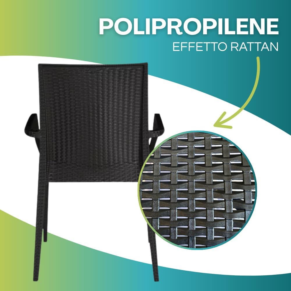 PALUPLUS Set Tavolo Quadrato con 4 Sedie Rattan in Plastica color Antracite, Misura Tavolino 79x79x72 cm, Sedia CON Braccioli, Arredo per Esterno, Terrazzo -KIN024F/DUK702F-23