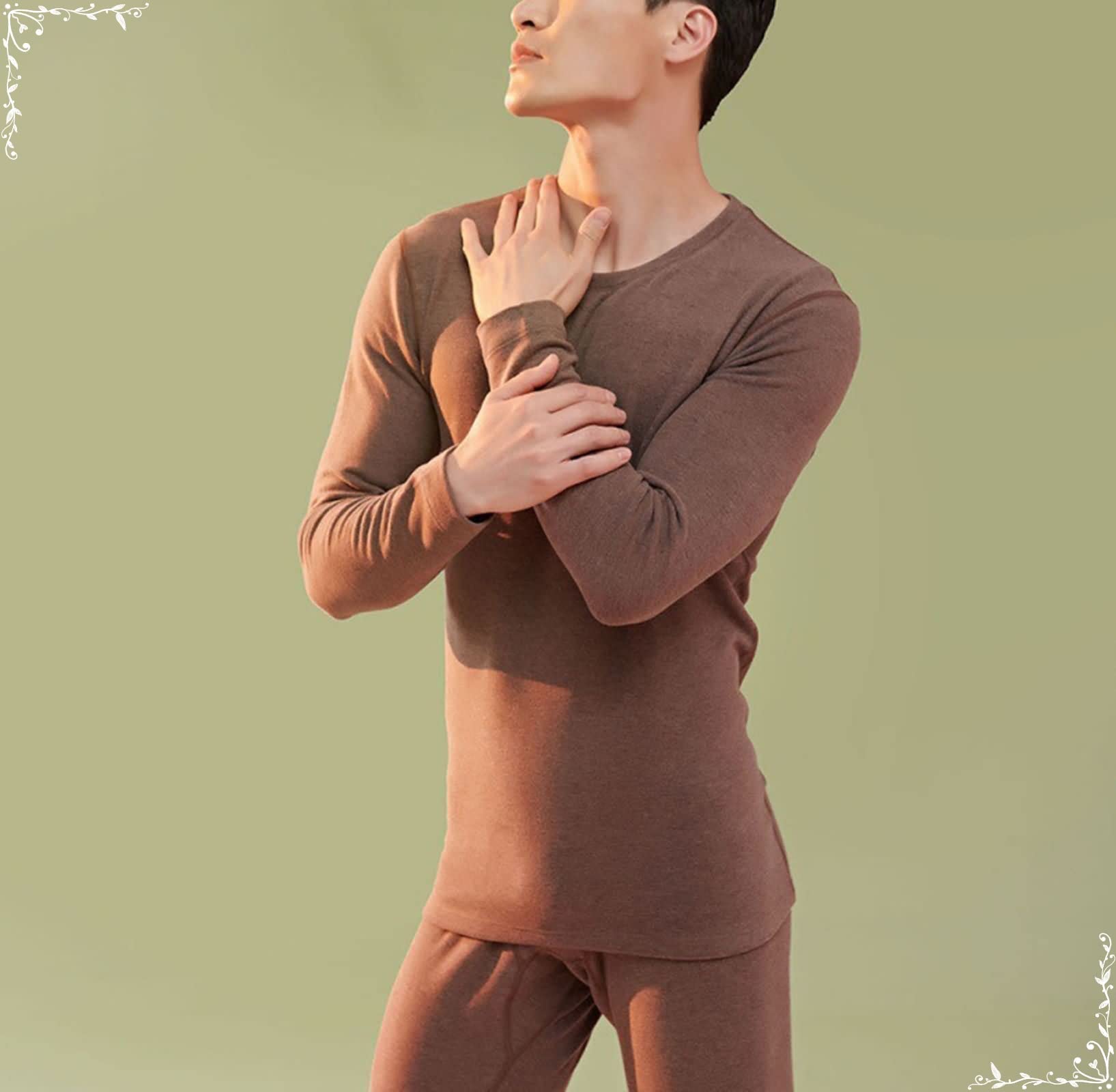 Herren Funktionswäsche, Seide Sportunterwäsche Set Braun, Runder Kragen Warme Unterwäsche Set für Joggen Skifahren Mehrere Größen