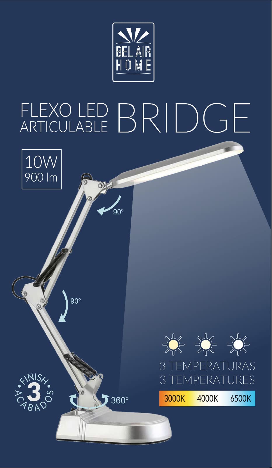 BEL AIR HOME - Lámpara Flexo Led 10W de Escritorio Articulable Bridge - Protección ocular - 3 temperaturas de luz 3000-4000-6000K (BLANCO)
