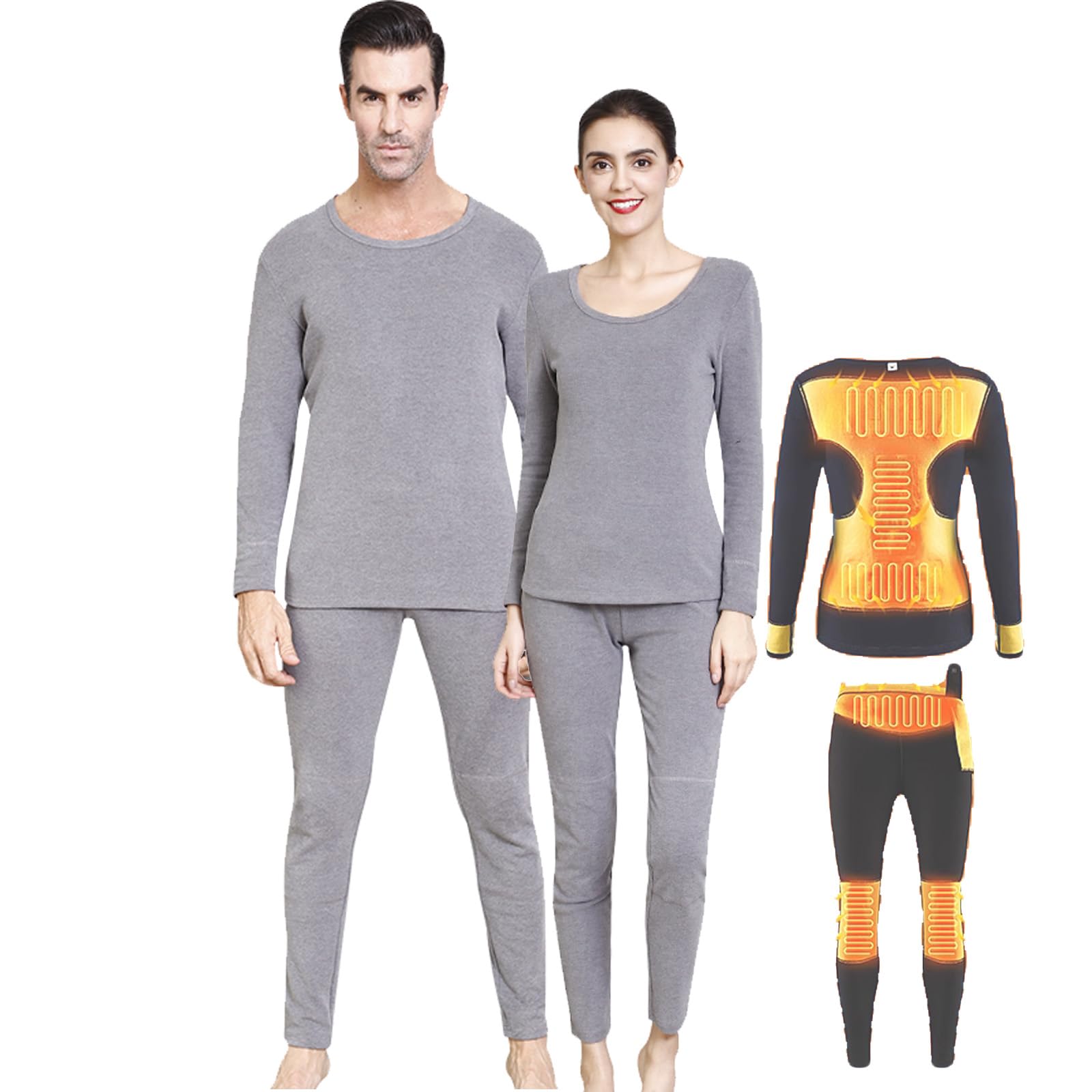 VLOBAOM Thermal Underwear Set for Women Men, Heated Long Johns Lined with Warm Fleece, 7.4V Battery Heating Top & Bottom,L, Men Gray