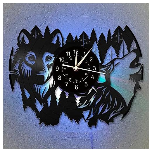Wolf Wall Clock, Wolf 7 LED Colors Changing Night Lighting 12 Inch Vinyl Record Wall Clock for Living Room Decor Wolf Fans Birthday Xmas Gifts Wolf Gifts to Teen, Friends and Men (D)