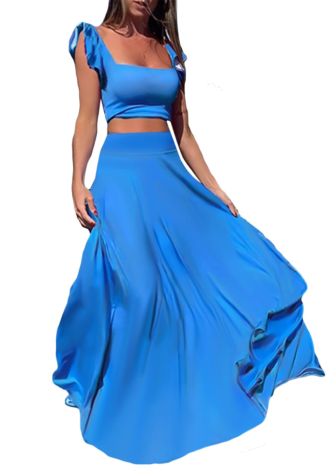 Vakkest Womens Summer Sexy 2 Pieces Outfits Ruffle Floral Tank Top Wrap Boho Tropical Long Skirt Set Clubwear Dresses