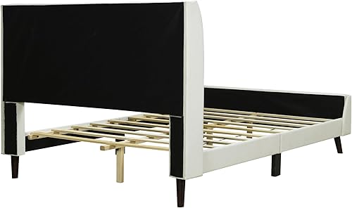 Miniatura 7 de WOXYX Base de cama tapizada de terciopelo de tamaño matrimonial con cabecero y listones de madera fuertes, color beige