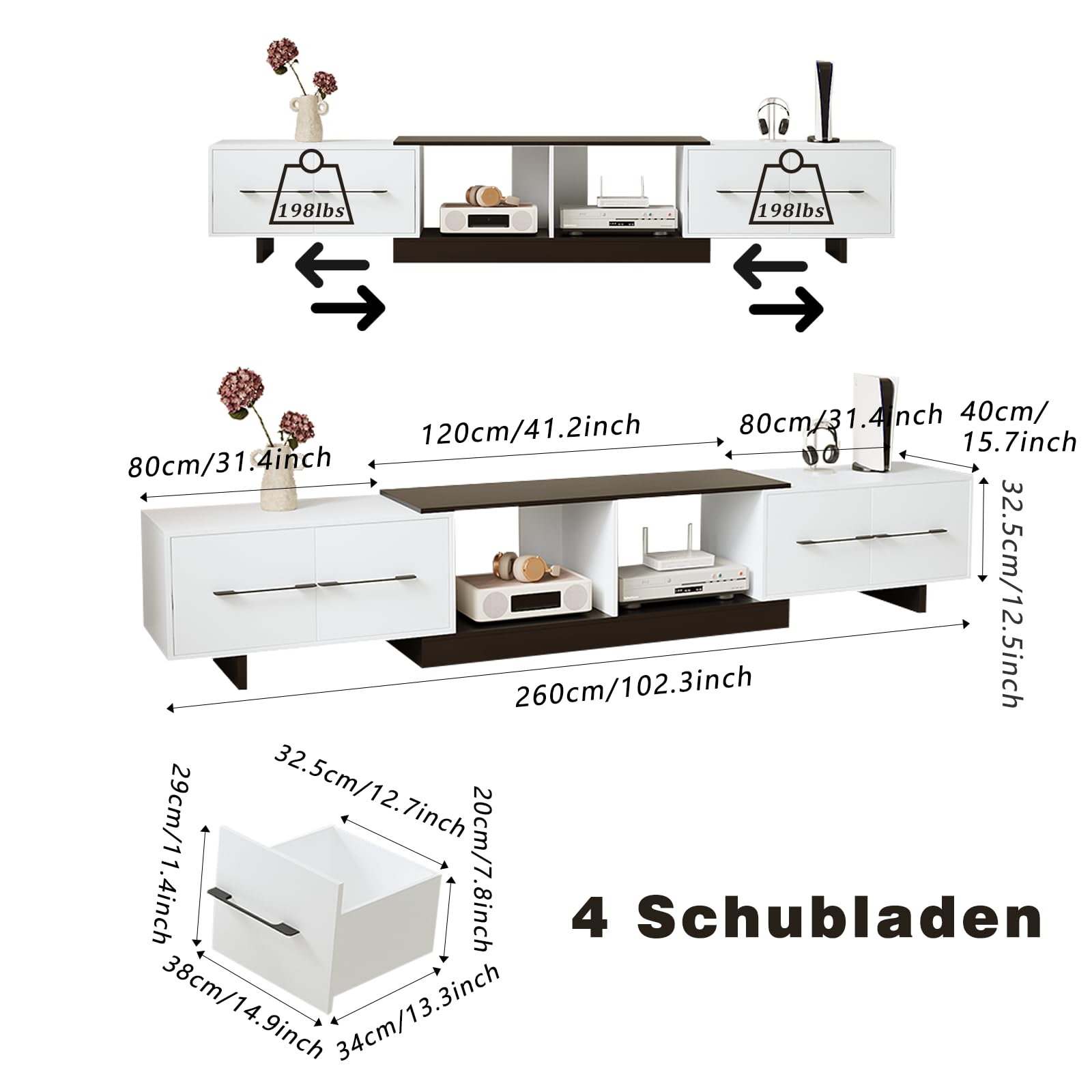 Ausziehbares TV Schrank 190-260cm，Holz TV Lowboard mit 4 Schubladen, für 120 Zoll Fernseher，Moderner TV Möbel für Wohnzimmer