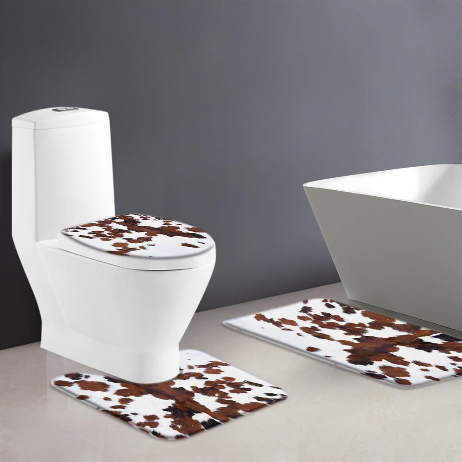 ZKJSMGS Cowhide 3 Piece Bathroom Rug Sets,Luxury Milk Cow Skin Print Farmhouse Animal Retro Rustic Western Brwon 16