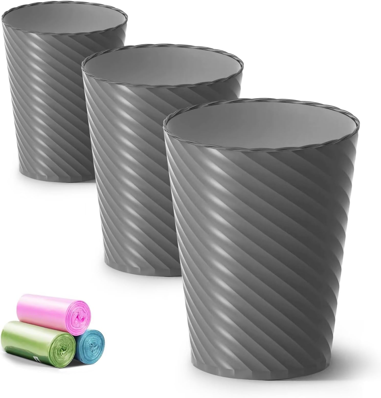 Lysam Bathroom Trash Can, 3 Pack 1.8 Gallons Small Trash Can with Trash Bags, Bathroom Garbage Can, Plastic Trash Bin, Round Waste Basket for Bath，Bedroom, Office, Kitchen, Room, Compact Space (Grey)