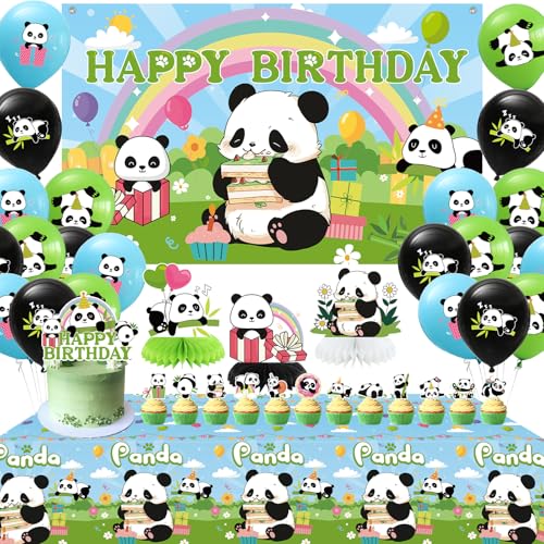 KEFAN Panda Birthday Party Decorations Panda Party Supplies including Banner Cake Toppers Table Centerpieces Balloons for Panda Birthday Party (BJ)