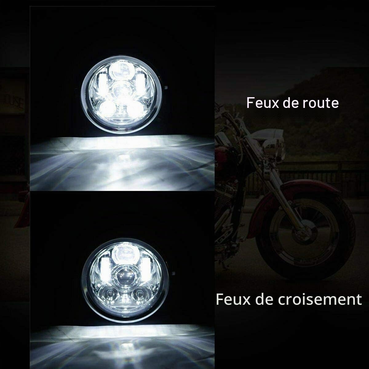 Riloer H4 Moto 5.75" Phare de Projection LED Rond, 6000K Étanche Super Lumineux Moto Feu de croisement Feu de croisement Compatible avec Harley-Davidson, Blanc