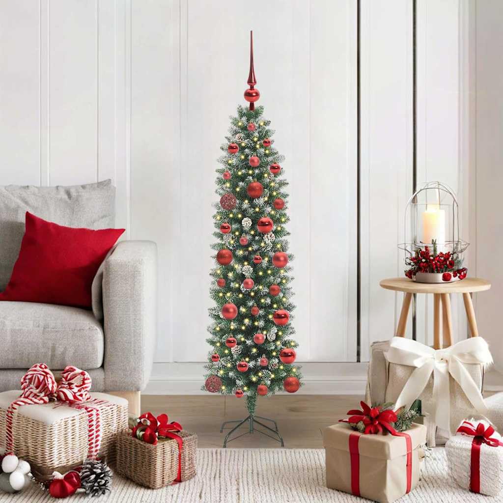 Albero di Natale artificiale sottile, verde e bianco, 120 cm, con 150 luci LED bianco caldo, 8 modalità, punte in PVC, ideale per interni e piccoli spazi, alimentato tramite USB